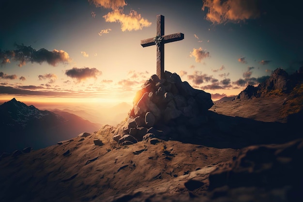 Croce sulla cima di una montagna al tramonto pasqua AIGenerato