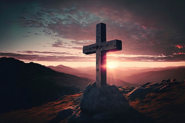 Croce sulla cima di una montagna al tramonto pasqua AIGenerato