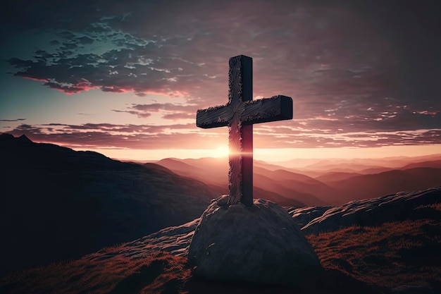 Croce sulla cima di una montagna al tramonto pasqua AIGenerato