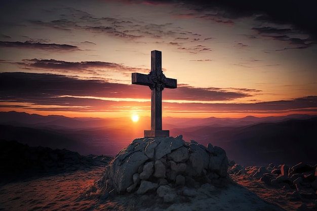 Croce sulla cima di una montagna al tramonto pasqua AIGenerato