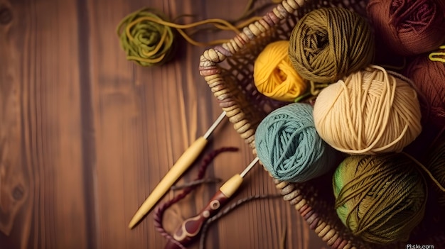 Crochet e hobby di maglieria Sfere colorate di aghi da maglia di filato sul tavolo con spazio di copia piatto e sfondo di legno