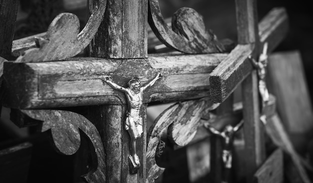 Crocifissione di Cristo e un gran numero di croci alla Collina delle Croci. La collina delle croci è un monumento unico di storia e arte popolare religiosa a Siauliai, in Lituania.
