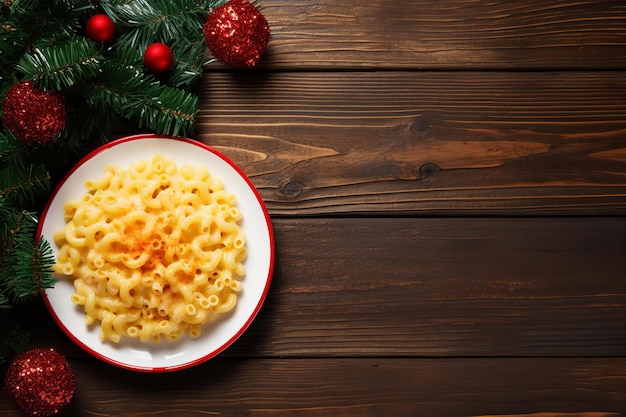 Crock Pot Mac e formaggio per la colazione sul tavolo di legno con sfondo di decorazione natalizia