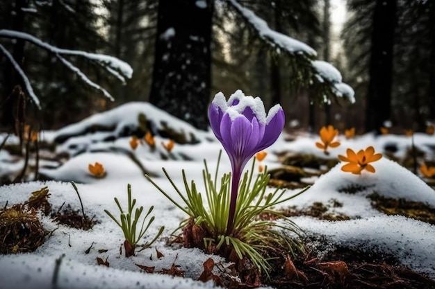 Crocus in una scena di foresta invernale con neve sul terreno creata con l'IA generativa