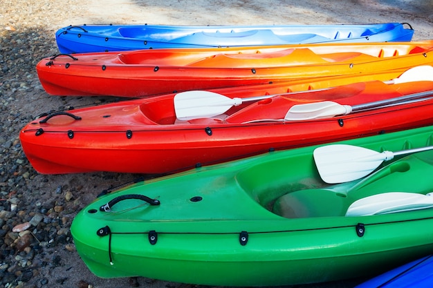 Crogioli di canoa variopinti sulla spiaggia, vista del primo piano