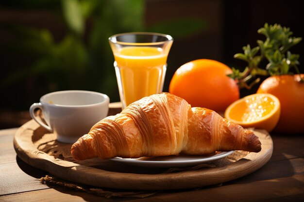 Croissant a colazione servito con succo d'arancia fresco