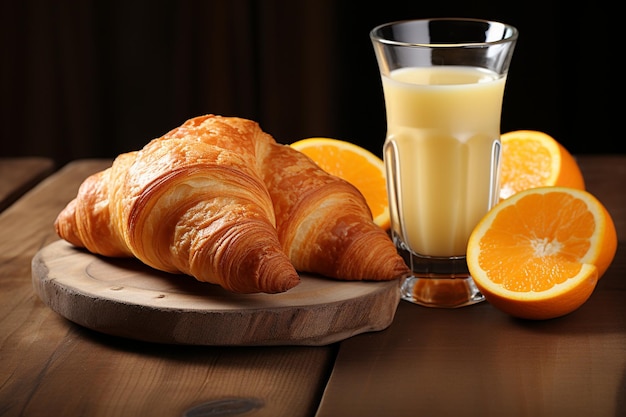 Croissant a colazione servito con succo d'arancia fresco