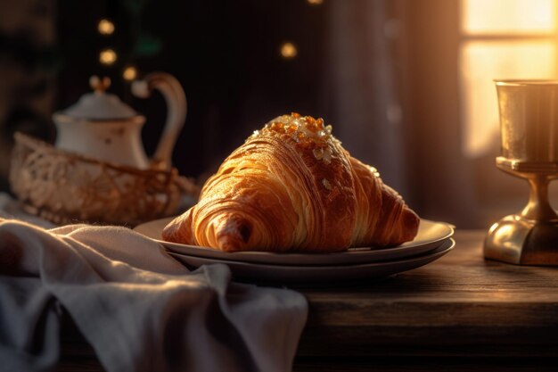 Croissant a luce dorata morbida con presentazione elegante con tovagliolo sullo sfondo AI generativa