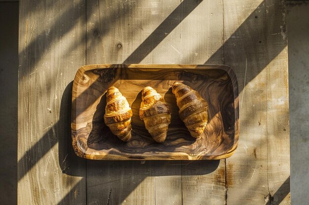 Croissant al burro appena cotti e serviti su un rustico piatto di legno