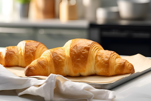 Croissant al forno su una teglia metallica con carta pergamena sul tavolo della cucina Bagel dolci appena sfornati cotti al forno Teglia con bagel di cagliata o croissant francesi in cucina