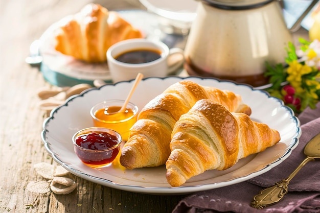 Croissant appena cotti con marmellata di miele e caffè per la colazione
