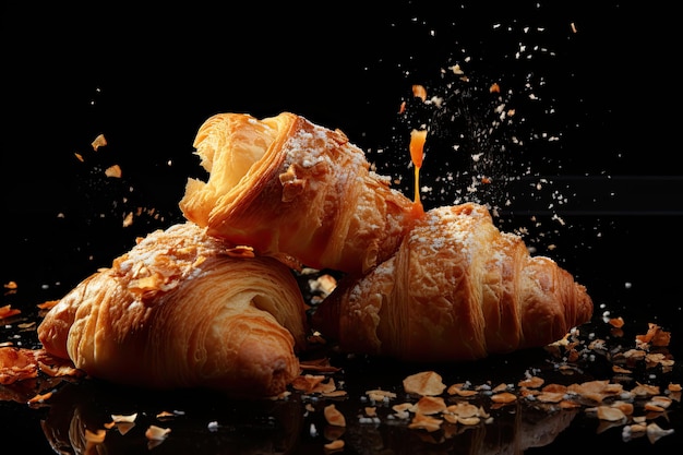 Croissant colazione appena sfornati con briciole che volano isolate su sfondo nero