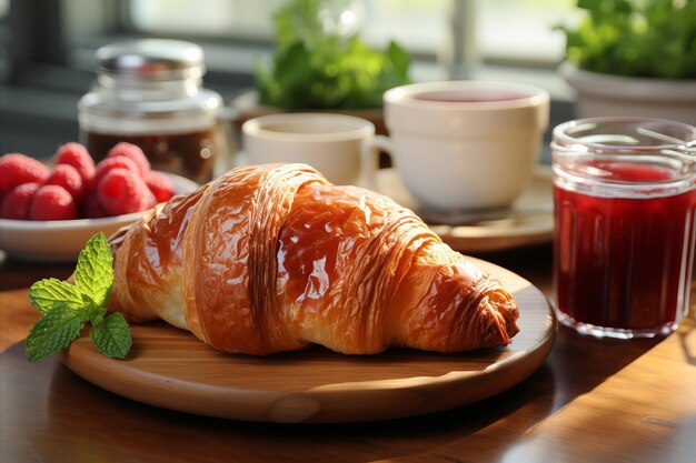 Croissant con bacche e tazza di caffè sul tavolo nella finestra della cucina moderna sullo sfondo