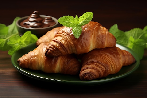 Croissant con cioccolato su uno sfondo verde