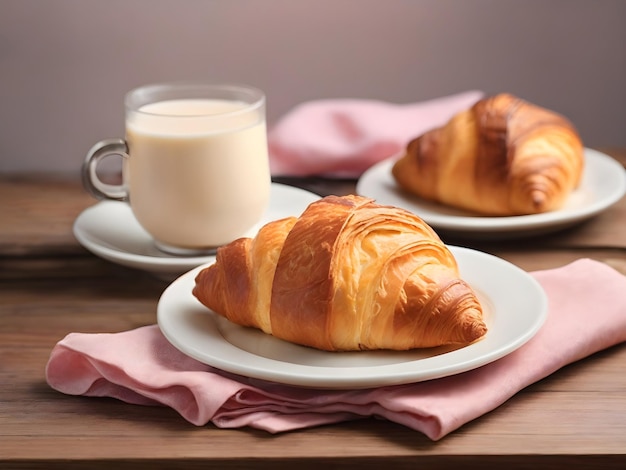 Croissant con formaggio e prosciutto con torta di caffè e latte su tavolo di legno