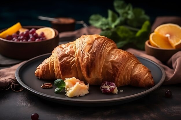 Croissant con prosciutto e formaggio su sfondo scuro Rete neurale AI generata