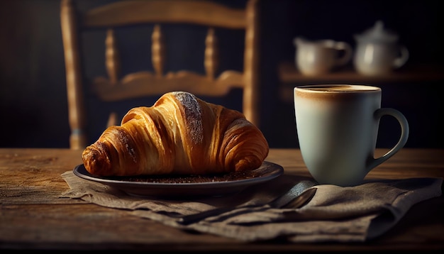 Croissant con tazza di caffè su sfondo scuro Al generato