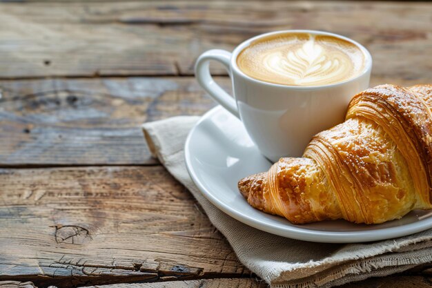 Croissant con una tazza di caffè sul tavolo della mensa