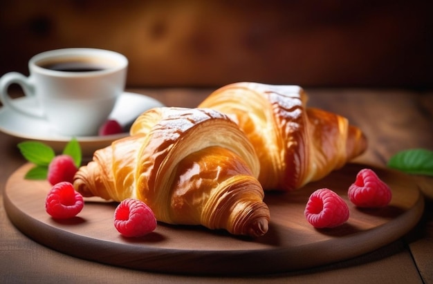 Croissant croccante fresco con lamponi e una tazza di caffè