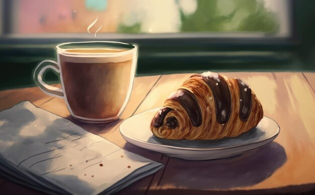 croissant disegnato e una tazza di caffè su uno sfondo di caffè illustrazioni di pasticceria ad acquerello ai generate