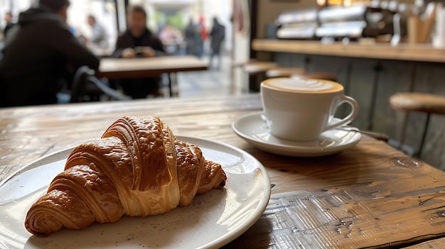 croissant e caffè con latte al tavolo del bar