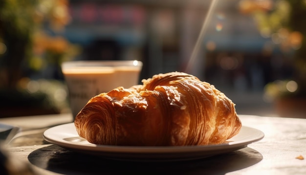 Croissant e caffè sul tavolo Vista sulla strada mattutina soleggiata sullo sfondo IA generativa