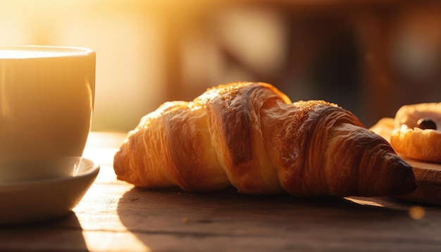 Croissant e caffè sul tavolo Vista sulla strada mattutina soleggiata sullo sfondo IA generativa
