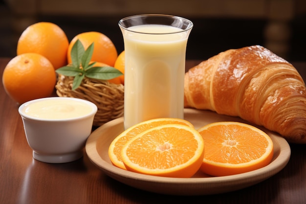 Croissant e succo d'arancia fresco.