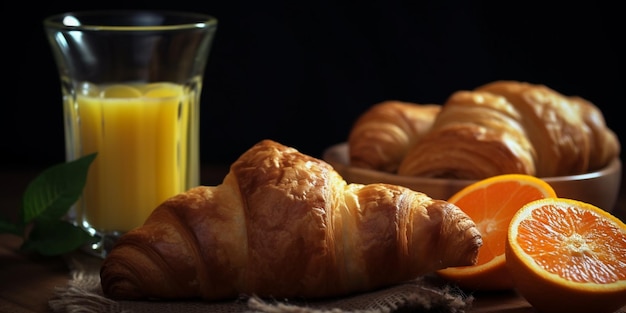 Croissant e un bicchiere di succo d'arancia