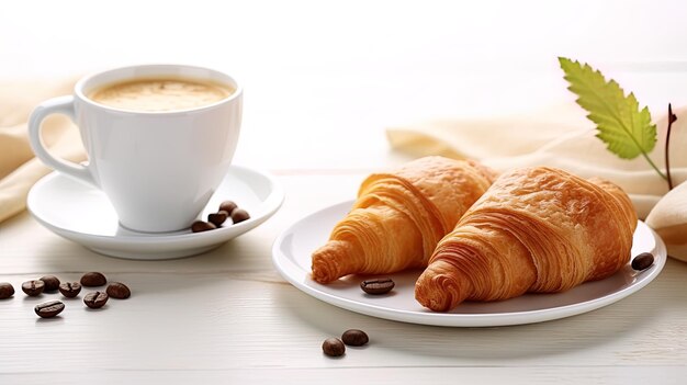 Croissant e una tazza di caffè per la colazione generati dall'AI