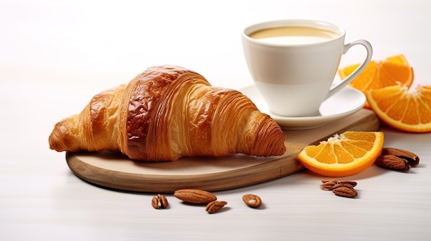 Croissant e una tazza di caffè per la colazione generati dall'AI