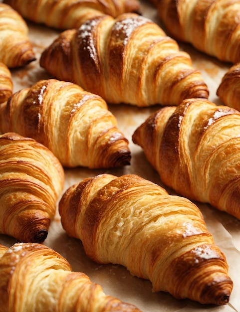 Croissant francese dorato fresco dalla teglia AI generativa