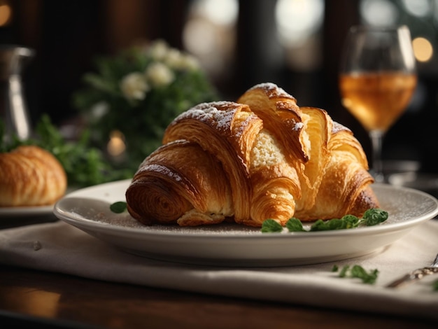 Croissant francese in ristorante cinematografico cibo dessert fotografia studio di illuminazione e