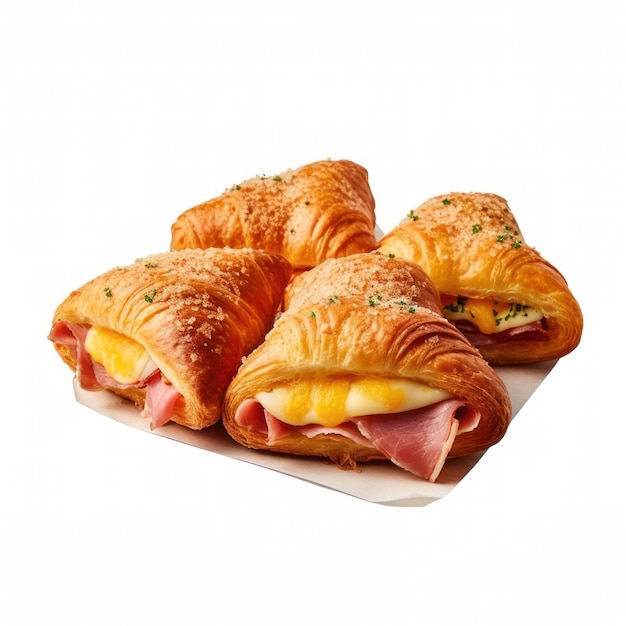 Croissant freschi con formaggio al prosciutto e prezzemolo su sfondo bianco