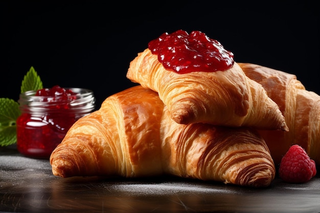 Croissant freschi e gustosi fatti in casa con marmellata di lamponi su grigio