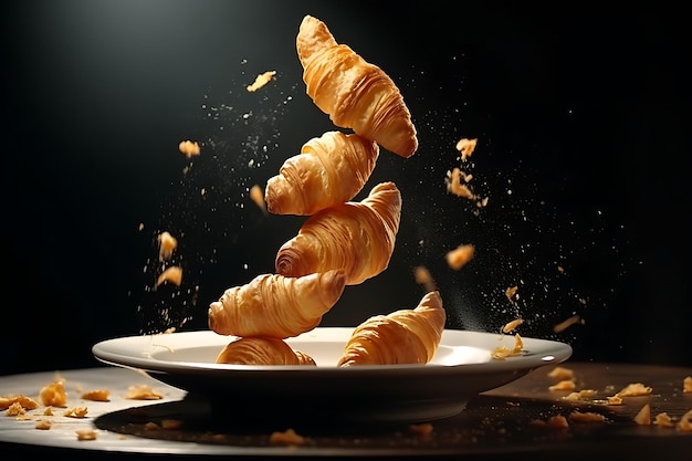 Croissant freschi volano nel piatto in posizioni diverse levitazione