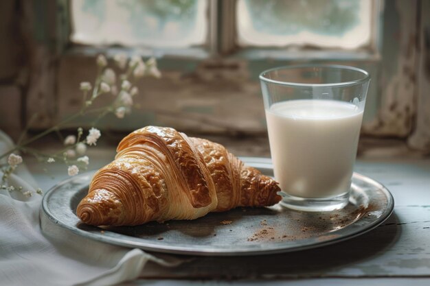 Croissant fresco con latte alla luce della finestra