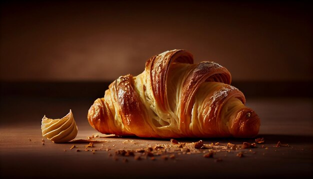 Croissant fresco sulla tavola di legno indulgenza dorata generata da AI