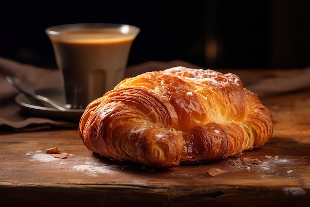 Croissant friabile con strati burrosi e caffè