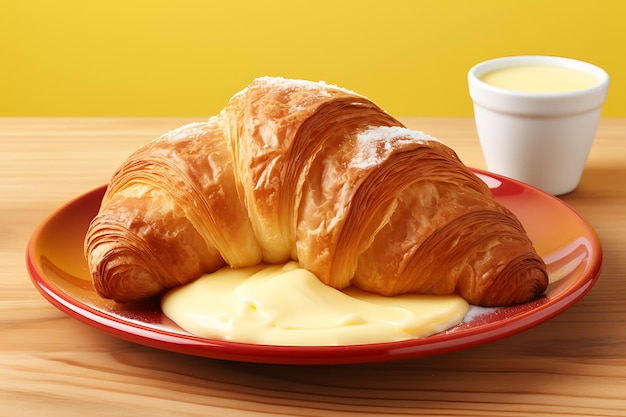 Croissant gourmet fresco con burro su piatto giallo generato