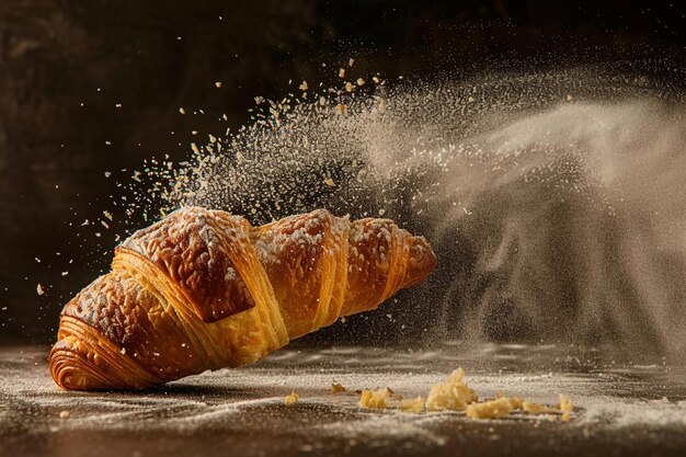 Croissant in levitazione con farina o zucchero in polvere