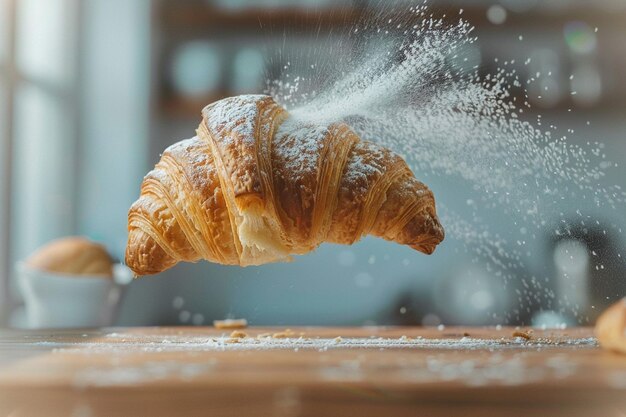 Croissant in levitazione con farina o zucchero in polvere