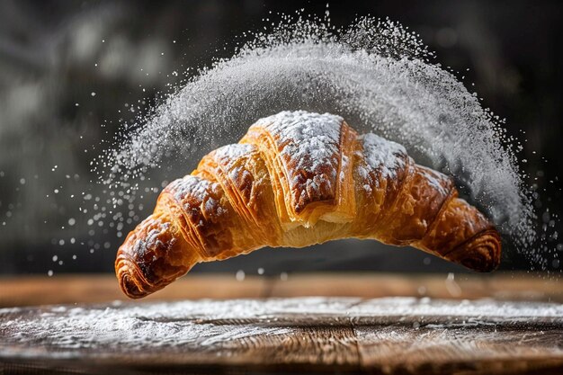 Croissant in levitazione con farina o zucchero in polvere