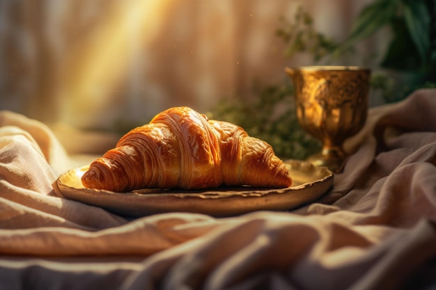 Croissant in morbida luce dorata con elegante presentazione con tovagliolo sullo sfondo IA generativa