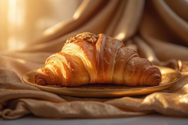 Croissant in morbida luce dorata con elegante presentazione con tovagliolo sullo sfondo IA generativa