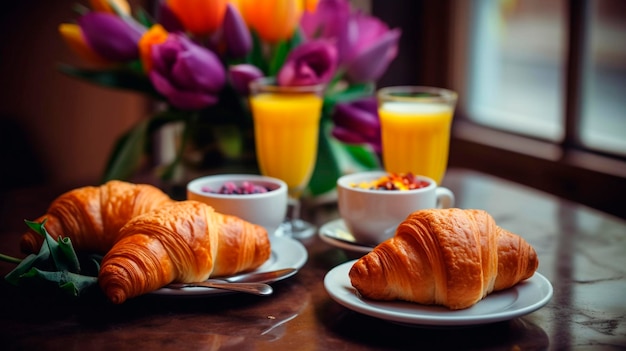 Croissant per colazione succo di caffè e tulipani sul tavolo IA generativa