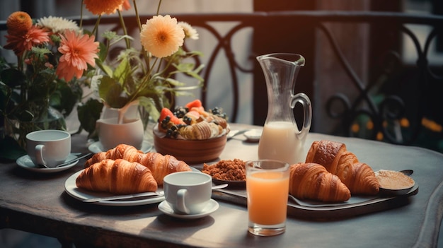 Croissant per colazione succo di caffè e tulipani sul tavolo IA generativa
