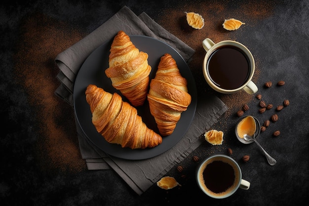 Croissant per la colazione dalla Francia Caffè con croissant appena fatti su uno sfondo di pietra nera deliziosi croissant vista dall'alto