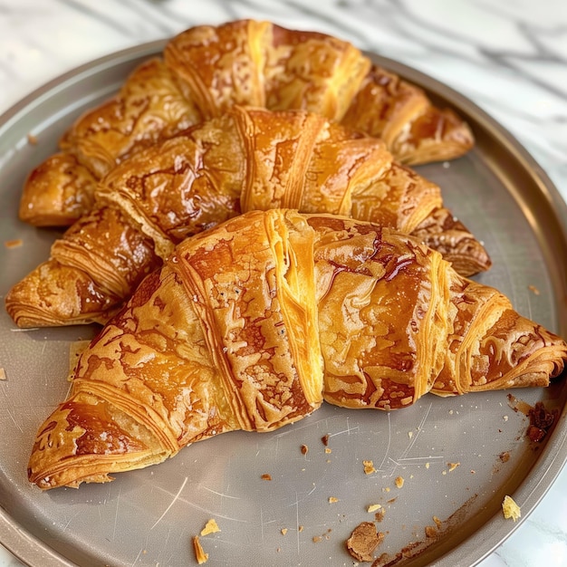 Croissant piatti appena cotti su un vassoio di metallo