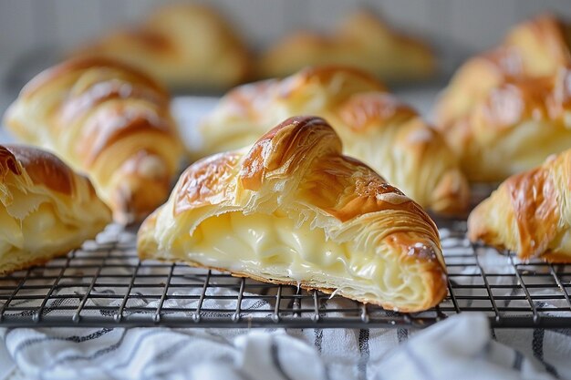 Croissant riempiti di pudding con un esterno di pasticceria a scaglie e un interno cremoso